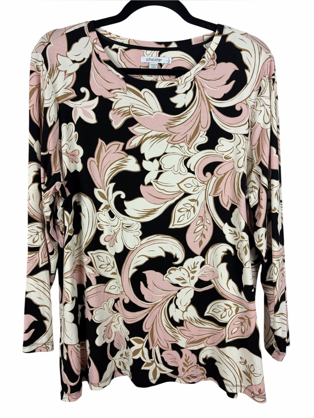 Chico’s Floral Scroll Print Long Sleeve Top Size 3 (XL) Pink Black Rayon Blend